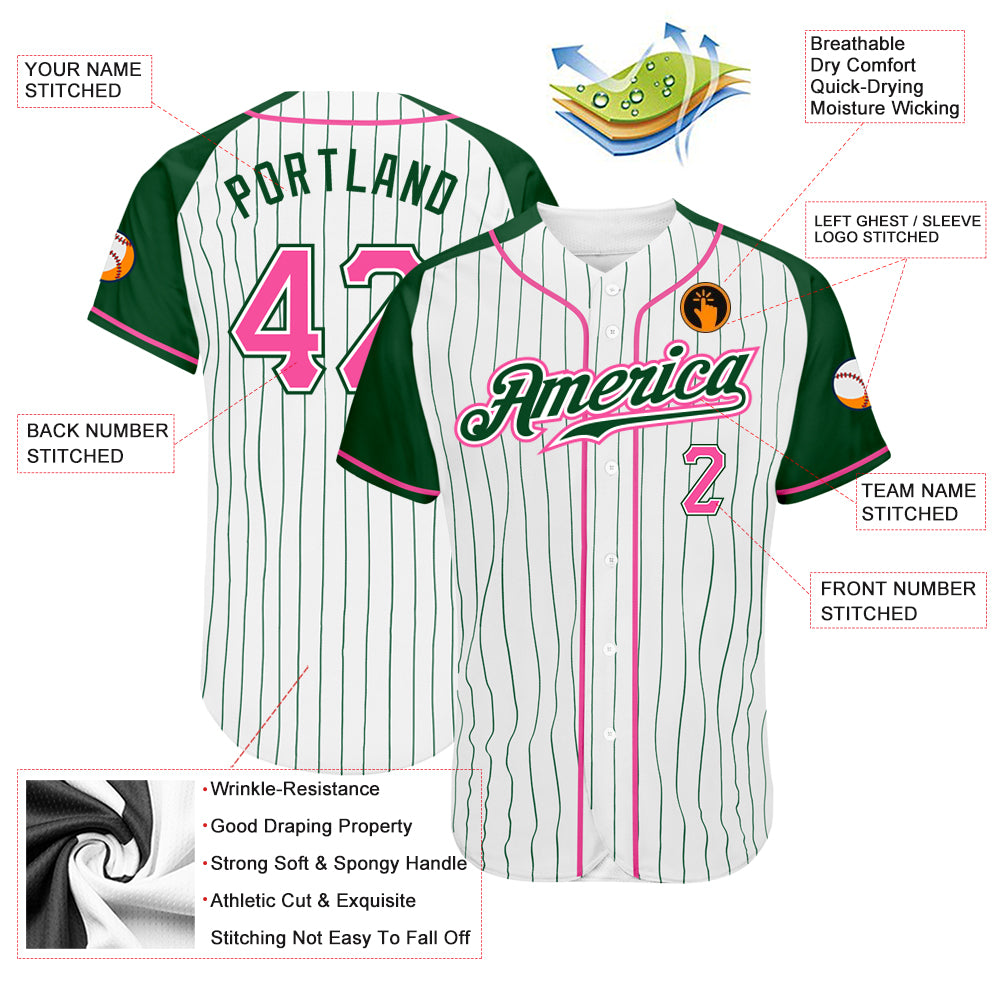 Custom White Green Pinstripe Pink-Green Authentic Raglan Sleeves Baseball Jersey