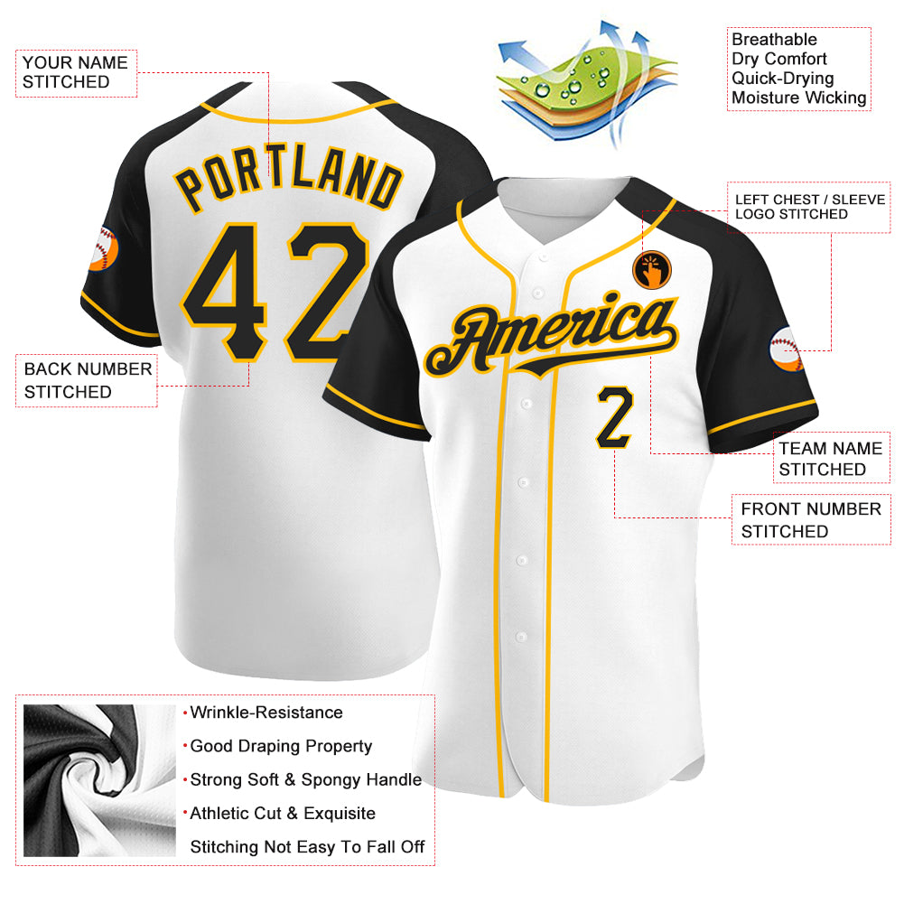 Custom White Black-Gold Authentic Raglan Sleeves Baseball Jersey