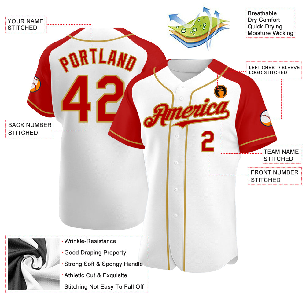 Custom White Red-Old Gold Authentic Raglan Sleeves Baseball Jersey