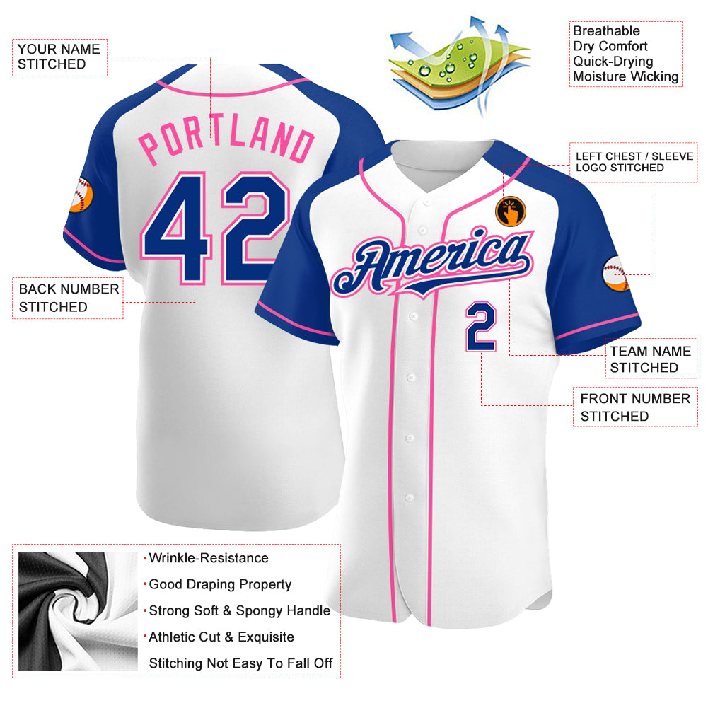 Custom White Royal-Pink Authentic Raglan Sleeves Baseball Jersey