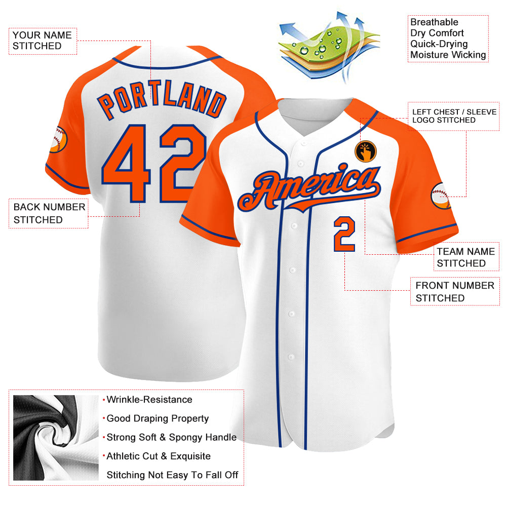 Custom White Orange-Royal Authentic Raglan Sleeves Baseball Jersey