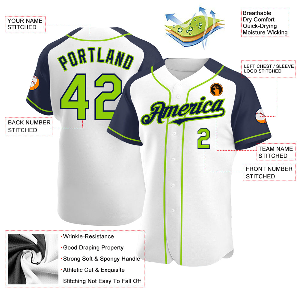 Custom White Neon Green-Navy Authentic Raglan Sleeves Baseball Jersey
