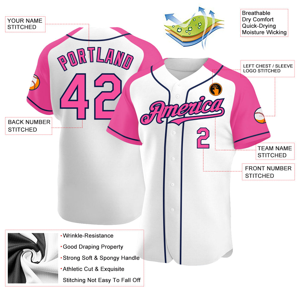 Custom White Pink-Navy Authentic Raglan Sleeves Baseball Jersey