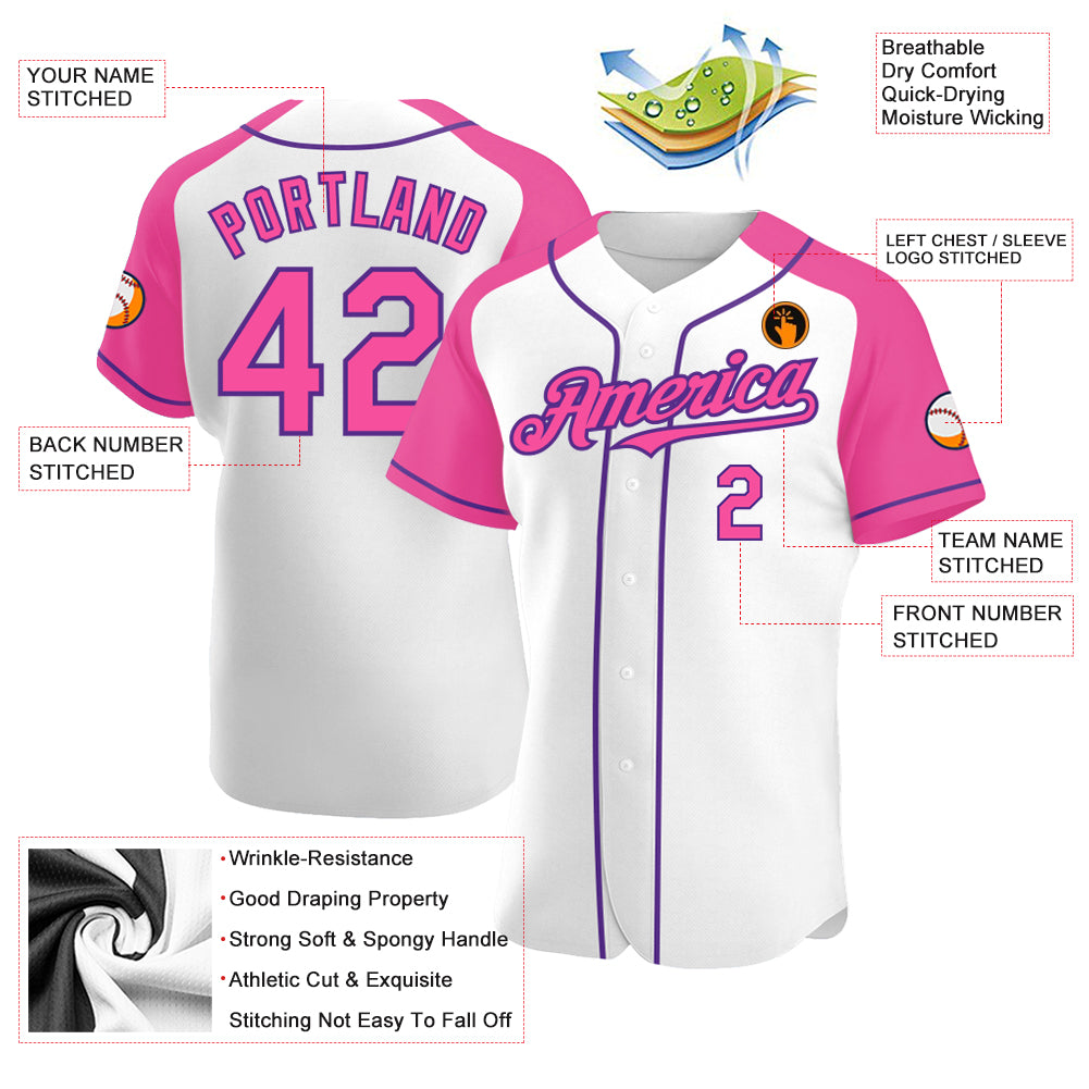 Custom White Pink-Purple Authentic Raglan Sleeves Baseball Jersey