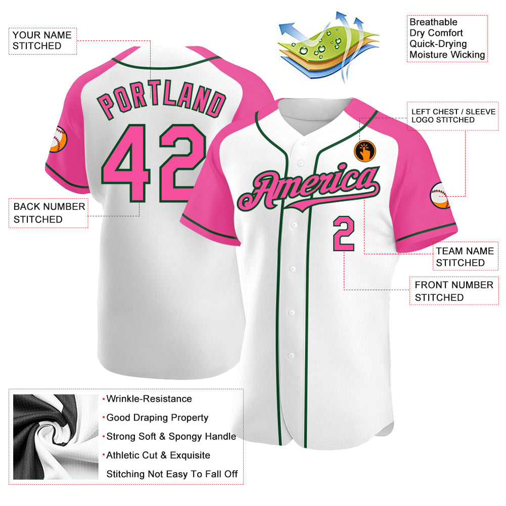 Custom White Pink-Green Authentic Raglan Sleeves Baseball Jersey