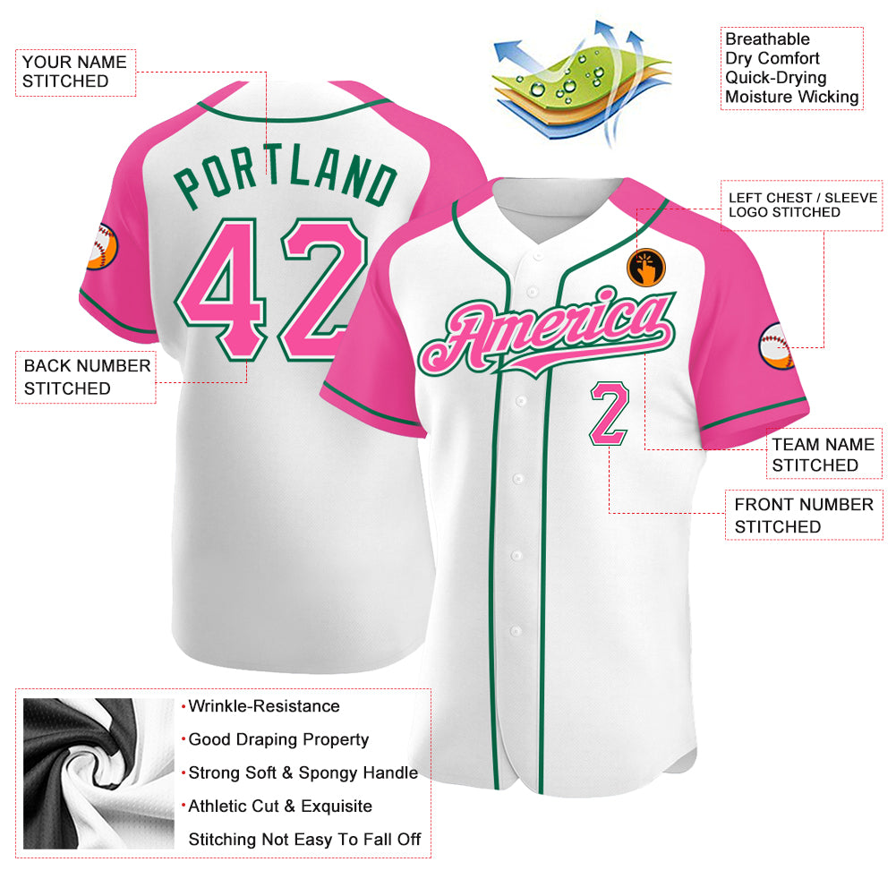 Custom White Pink-Kelly Green Authentic Raglan Sleeves Baseball Jersey