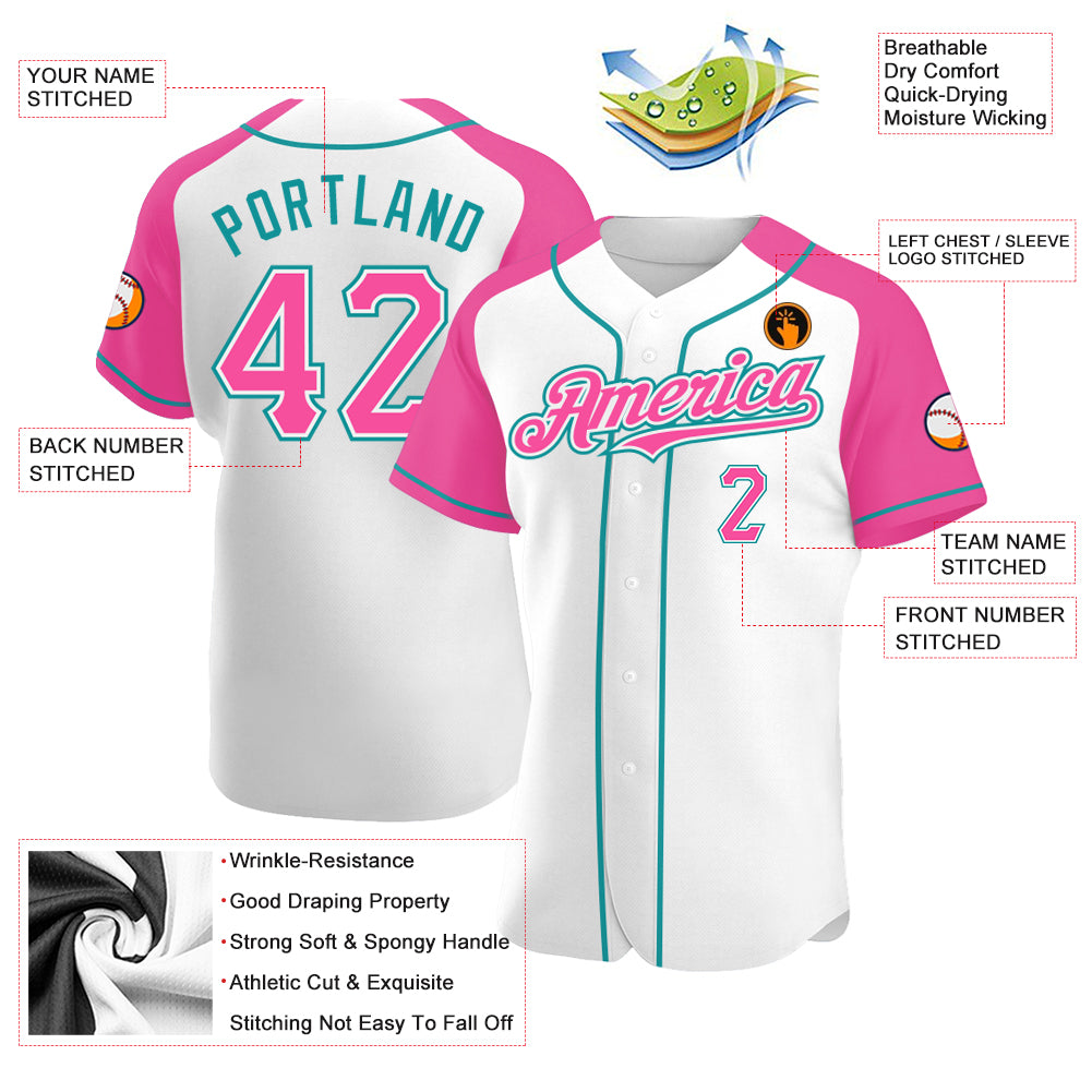 Custom White Pink-Teal Authentic Raglan Sleeves Baseball Jersey