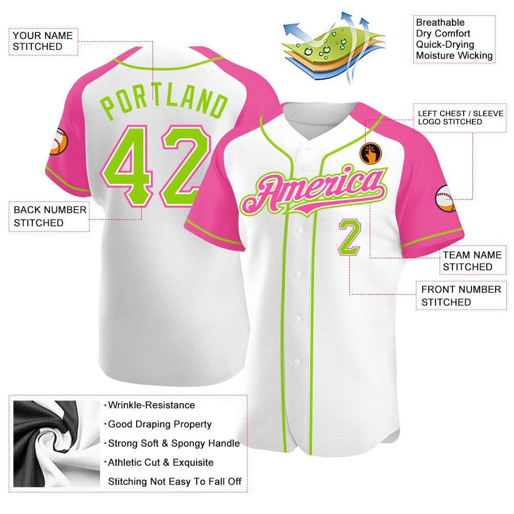 Custom White Neon Green-Pink Authentic Raglan Sleeves Baseball Jersey