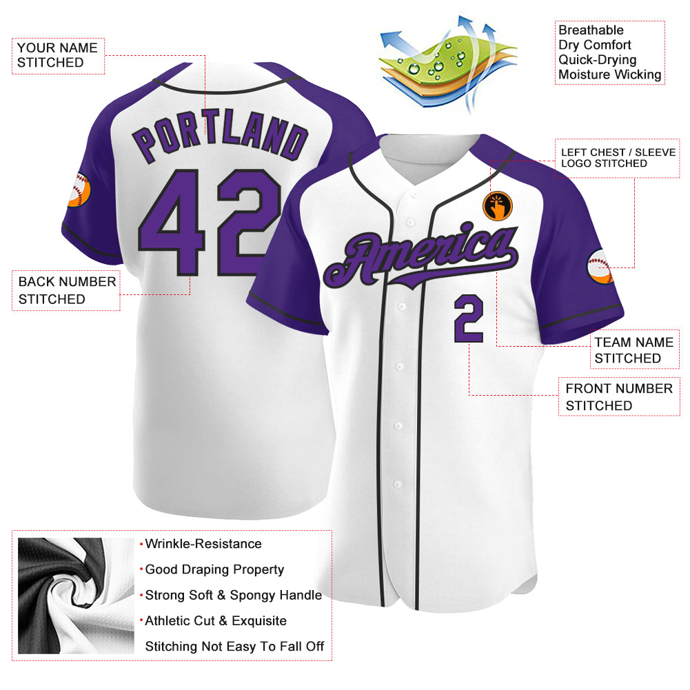 Custom White Purple-Black Authentic Raglan Sleeves Baseball Jersey