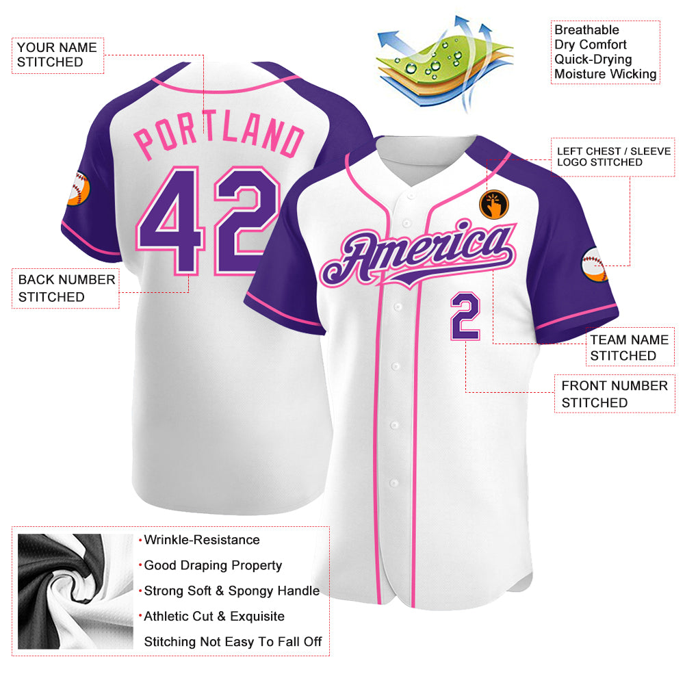 Custom White Purple-Pink Authentic Raglan Sleeves Baseball Jersey