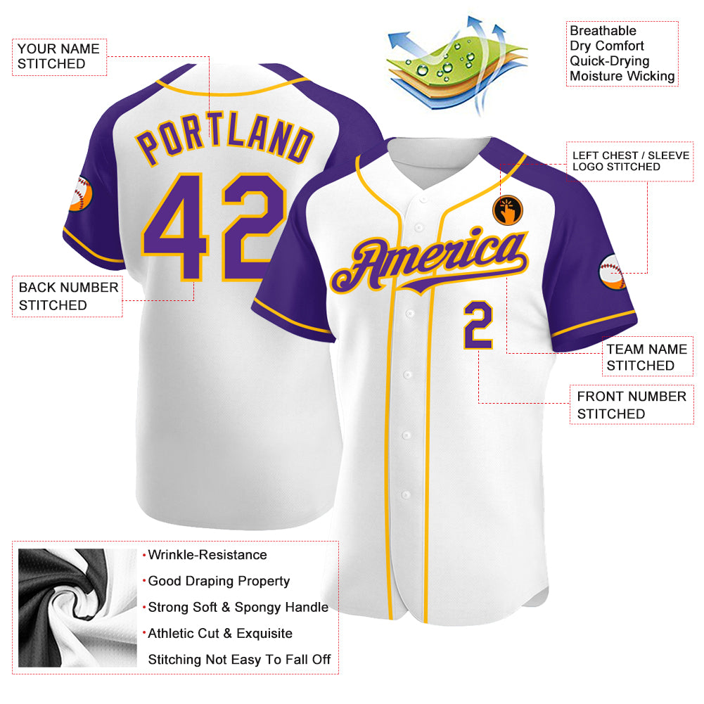 Custom White Purple-Gold Authentic Raglan Sleeves Baseball Jersey