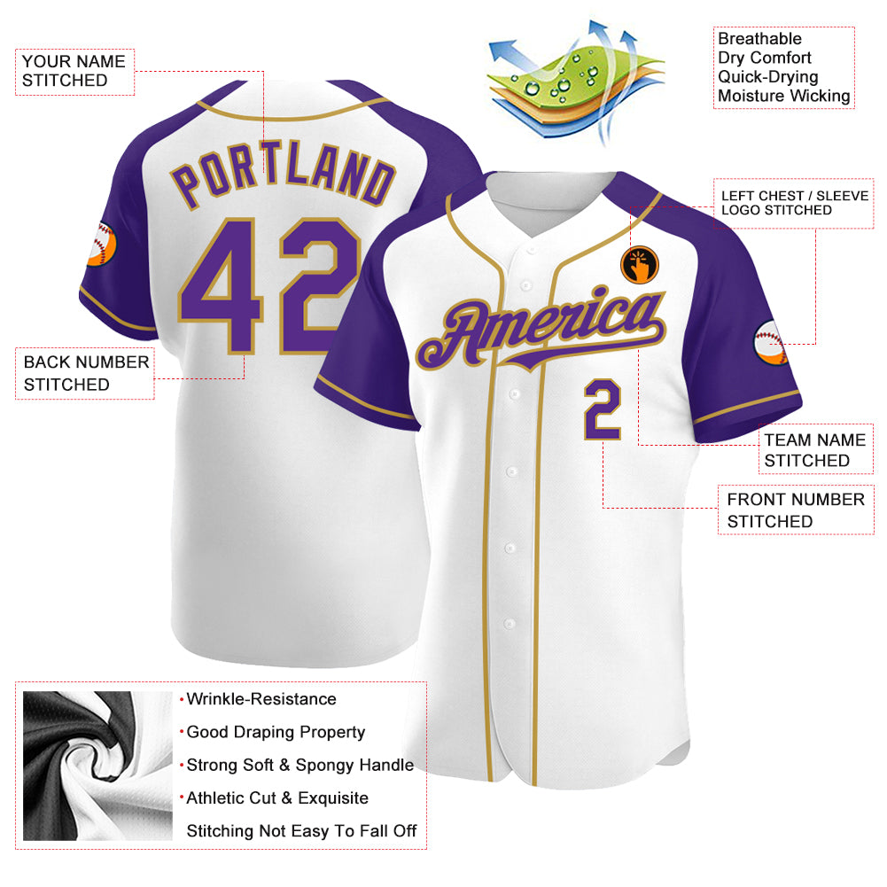 Custom White Purple-Old Gold Authentic Raglan Sleeves Baseball Jersey