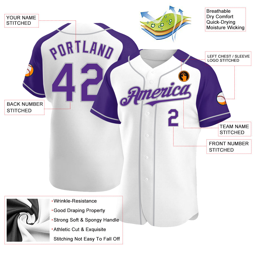 Custom White Purple-Gray Authentic Raglan Sleeves Baseball Jersey