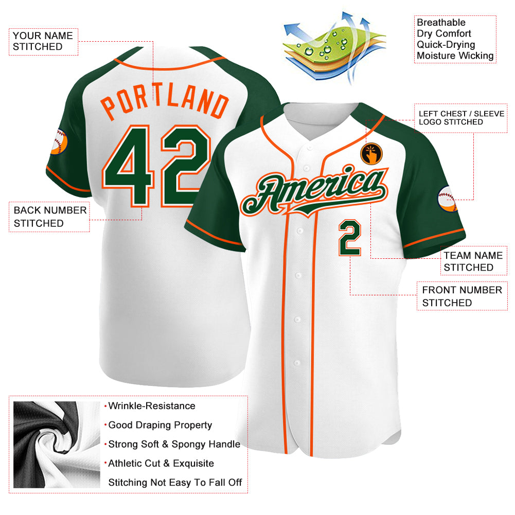 Custom White Green-Orange Authentic Raglan Sleeves Baseball Jersey