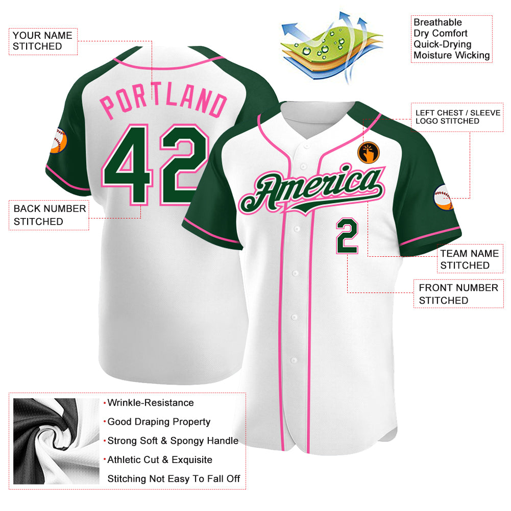 Custom White Green-Pink Authentic Raglan Sleeves Baseball Jersey