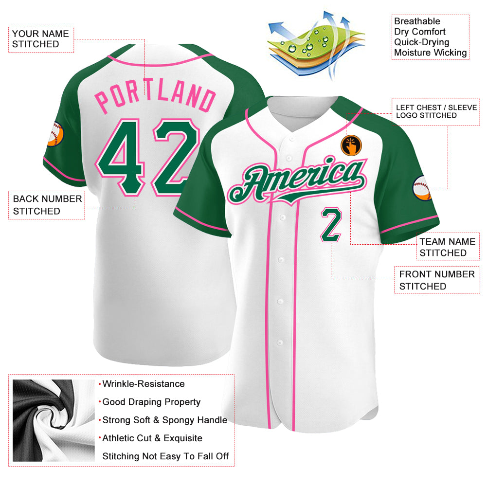 Custom White Kelly Green-Pink Authentic Raglan Sleeves Baseball Jersey