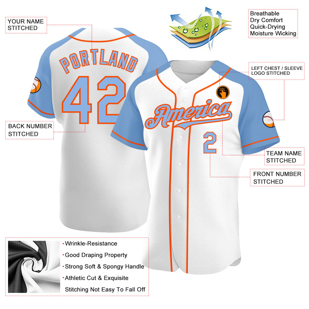 Custom White Light Blue-Orange Authentic Raglan Sleeves Baseball Jersey