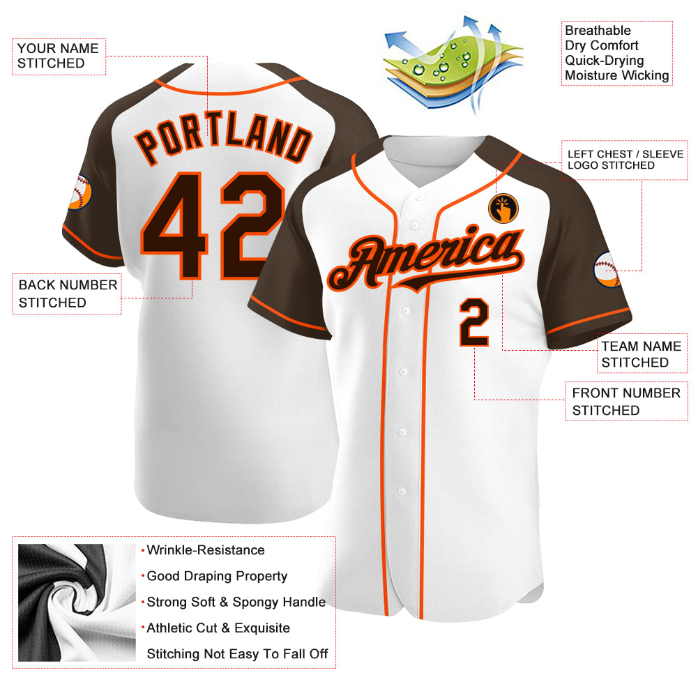 Custom White Brown-Orange Authentic Raglan Sleeves Baseball Jersey