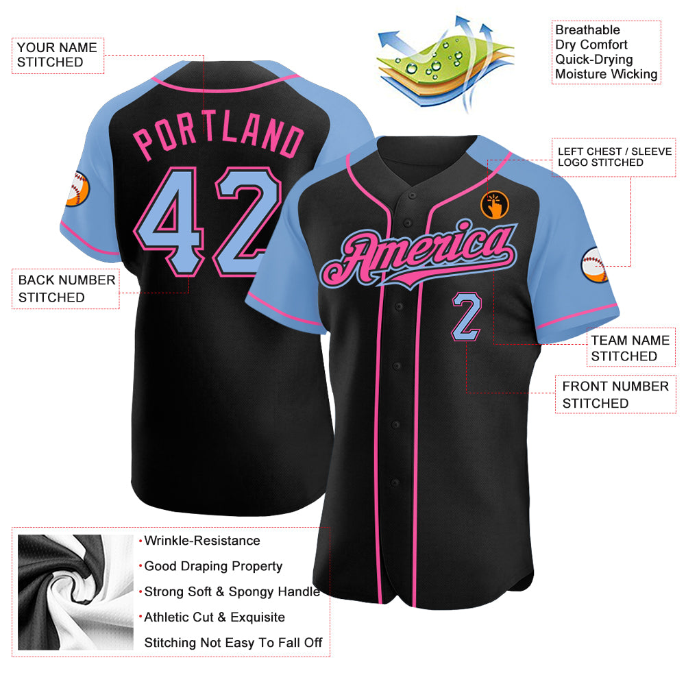 Custom Black Light Blue-Pink Authentic Raglan Sleeves Baseball Jersey