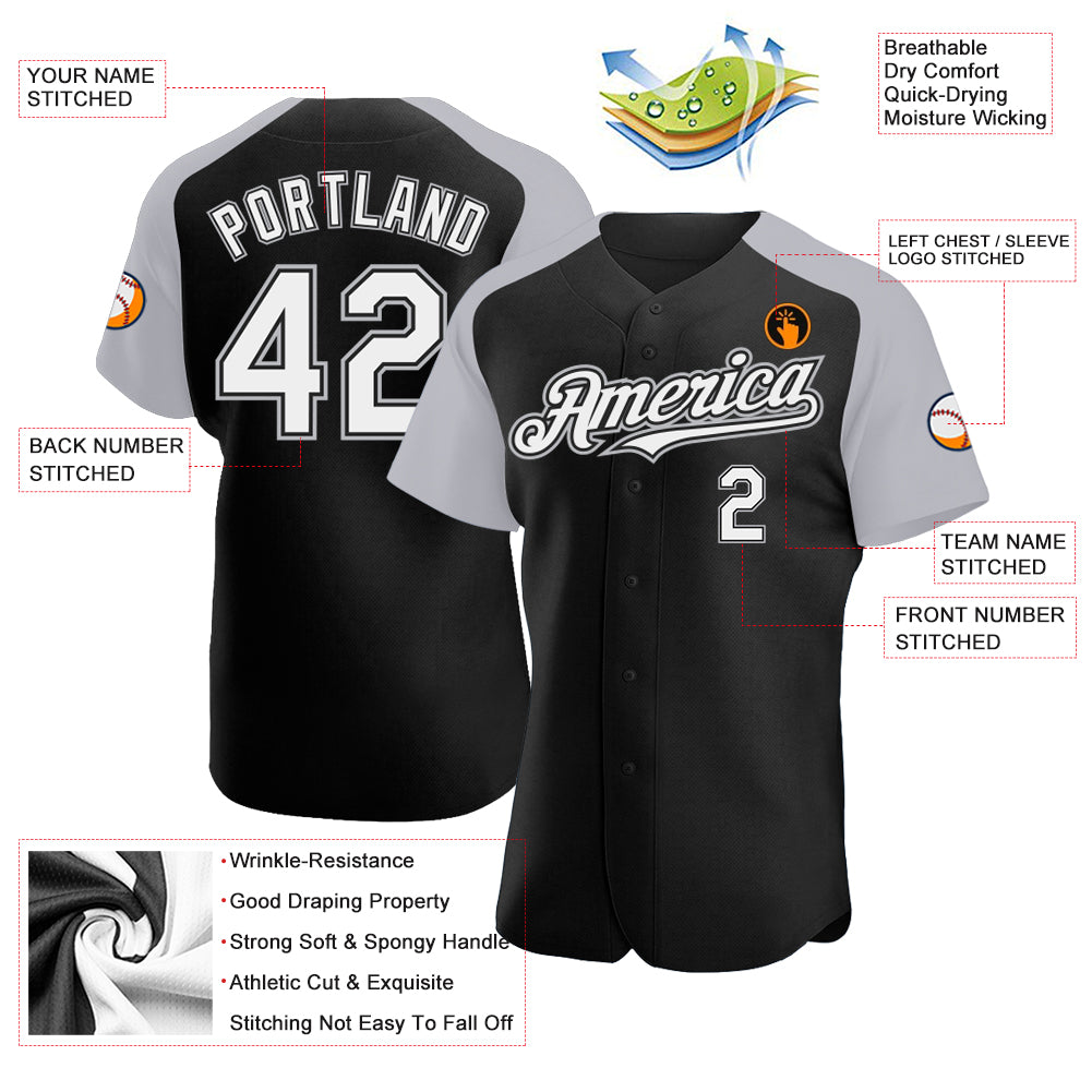 Custom Black White-Gray Authentic Raglan Sleeves Baseball Jersey