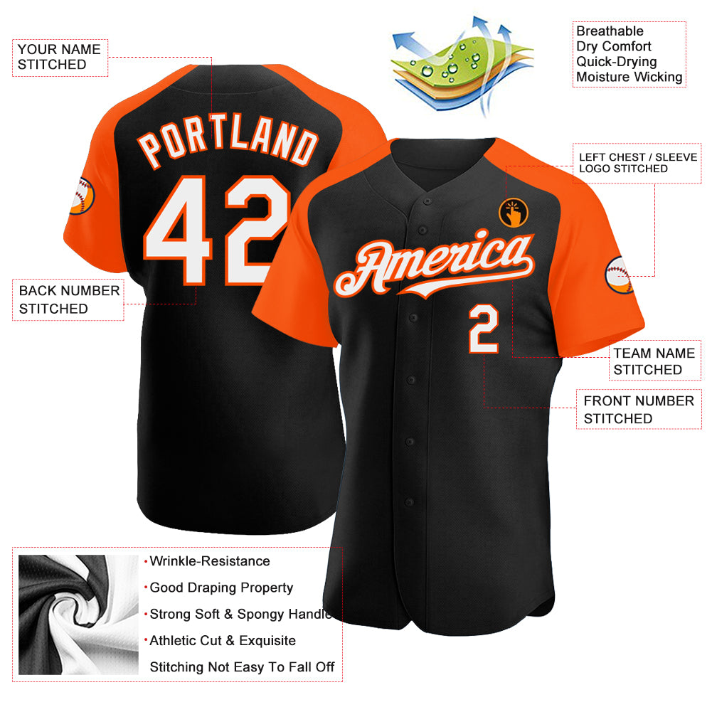Custom Black White-Orange Authentic Raglan Sleeves Baseball Jersey