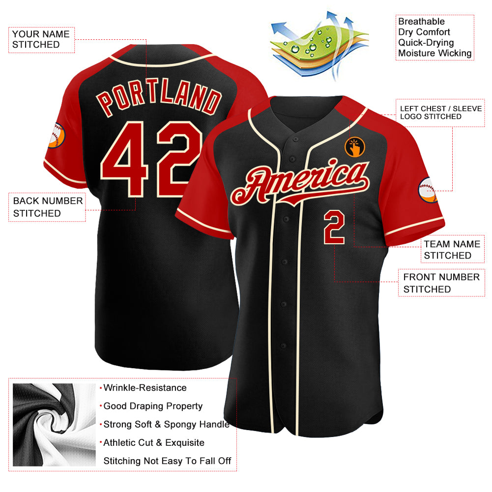 Custom Black Red-Cream Authentic Raglan Sleeves Baseball Jersey
