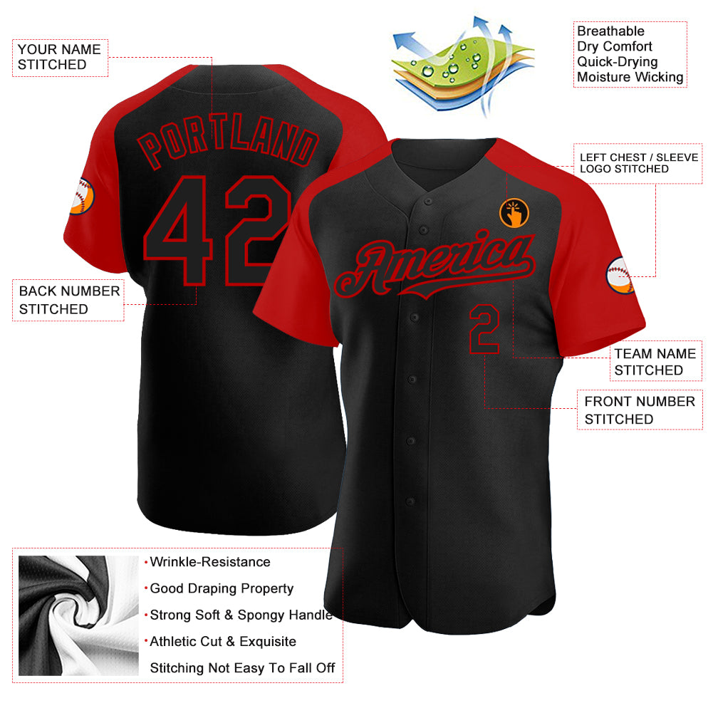Custom Black Red Authentic Raglan Sleeves Baseball Jersey