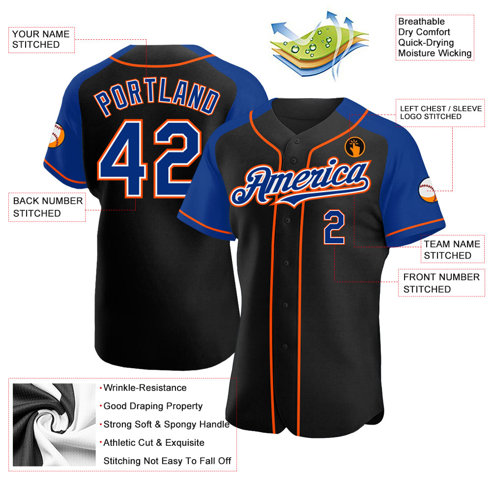 Custom Black Royal-Orange Authentic Raglan Sleeves Baseball Jersey