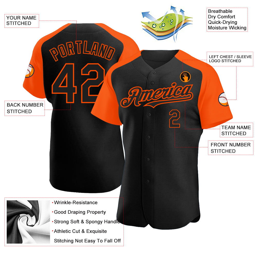 Custom Black Orange Authentic Raglan Sleeves Baseball Jersey