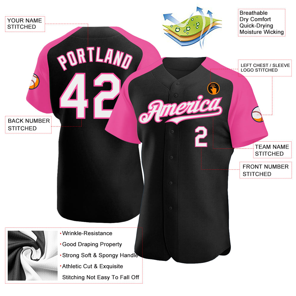 Custom Black White-Pink Authentic Raglan Sleeves Baseball Jersey