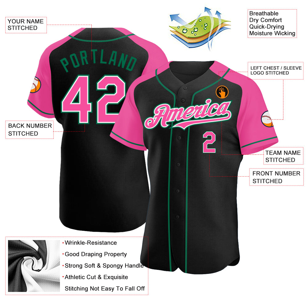 Custom Black Pink-Kelly Green Authentic Raglan Sleeves Baseball Jersey