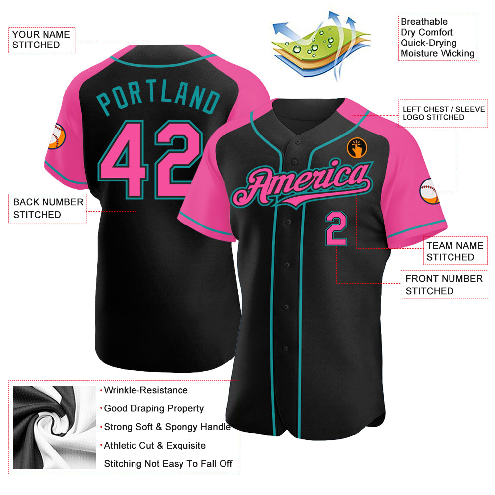 Custom Black Pink-Teal Authentic Raglan Sleeves Baseball Jersey