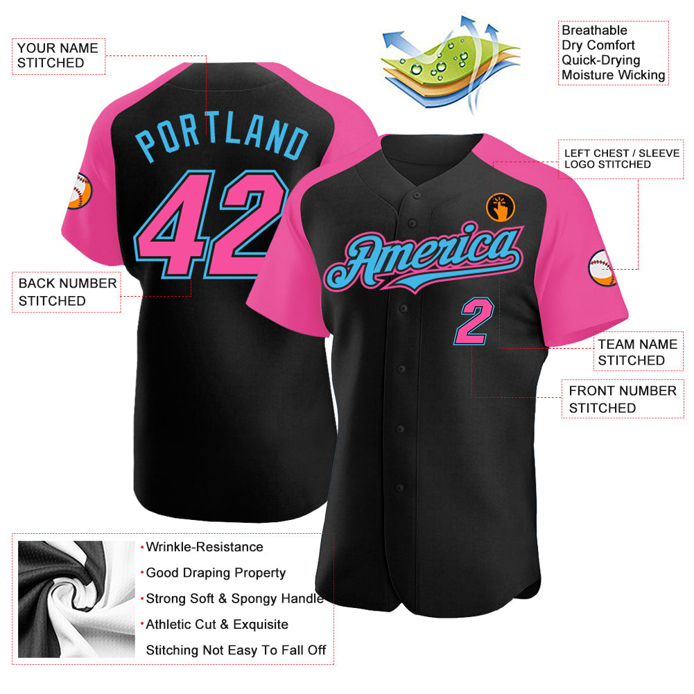 Custom Black Pink-Sky Blue Authentic Raglan Sleeves Baseball Jersey