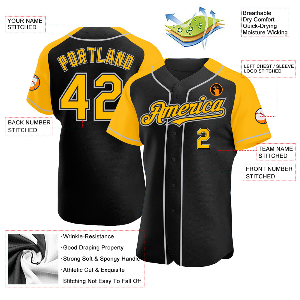 Custom Black Gold-Gray Authentic Raglan Sleeves Baseball Jersey