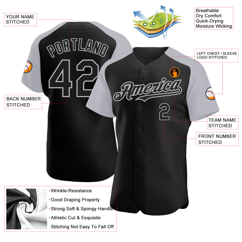 Custom Black Gray Authentic Raglan Sleeves Baseball Jersey
