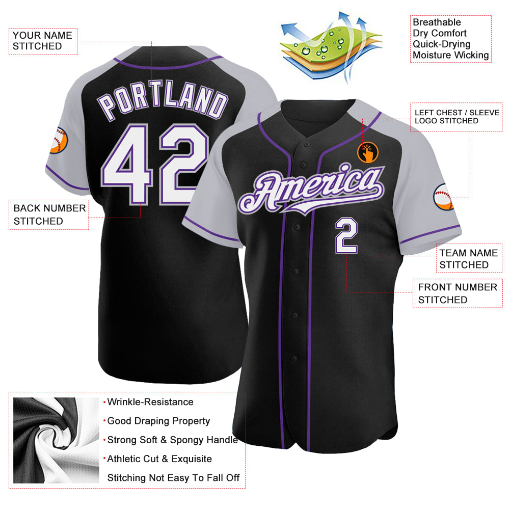 Custom Black White Gray-Purple Authentic Raglan Sleeves Baseball Jersey