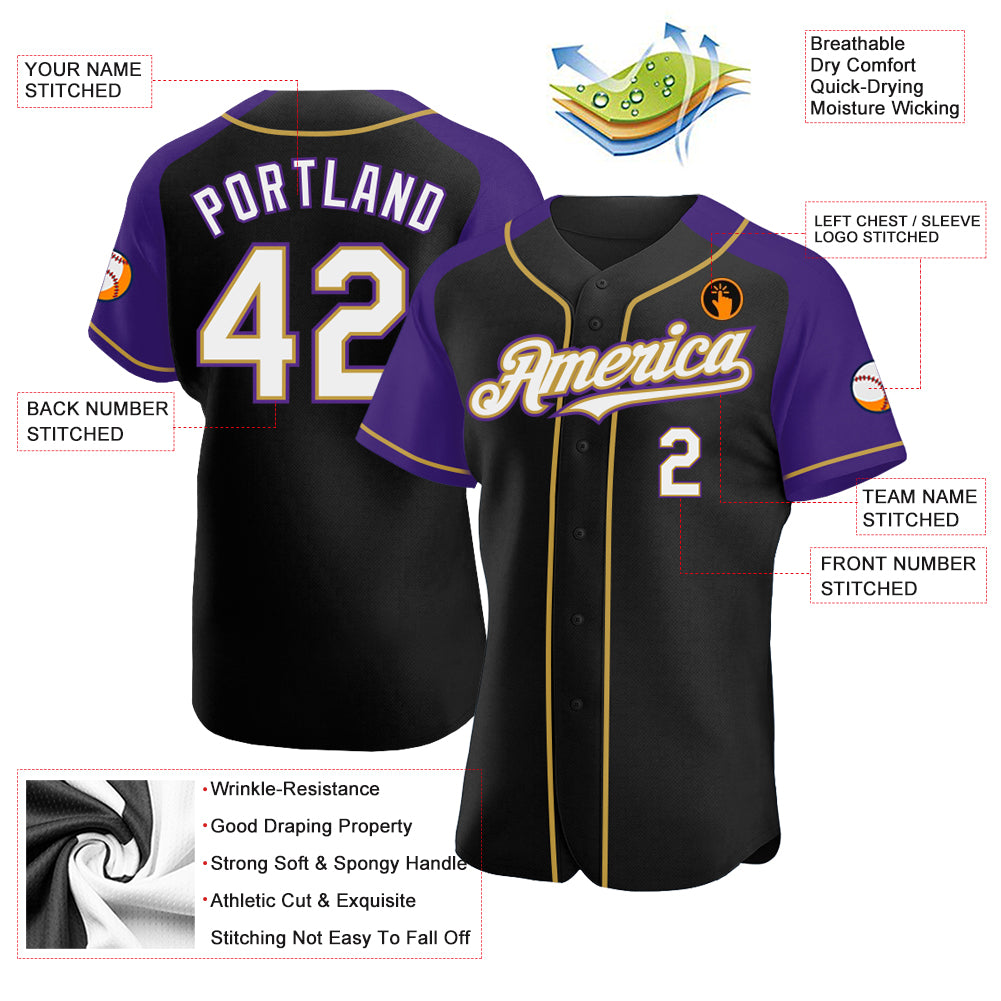 Custom Black White Purple-Old Gold Authentic Raglan Sleeves Baseball Jersey