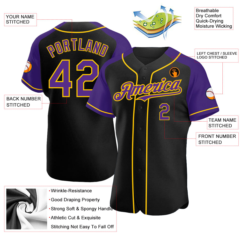 Custom Black Purple-Yellow Authentic Raglan Sleeves Baseball Jersey