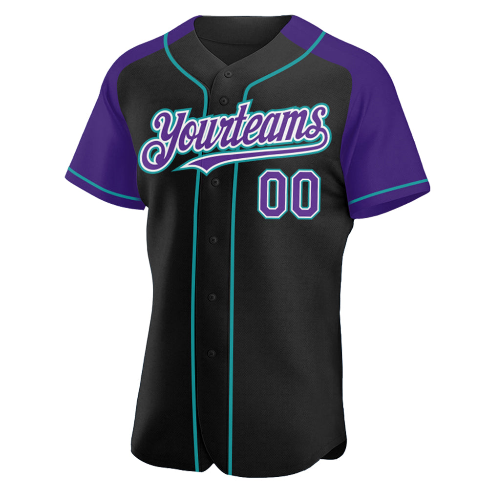 Custom Black Purple-Teal Authentic Raglan Sleeves Baseball Jersey