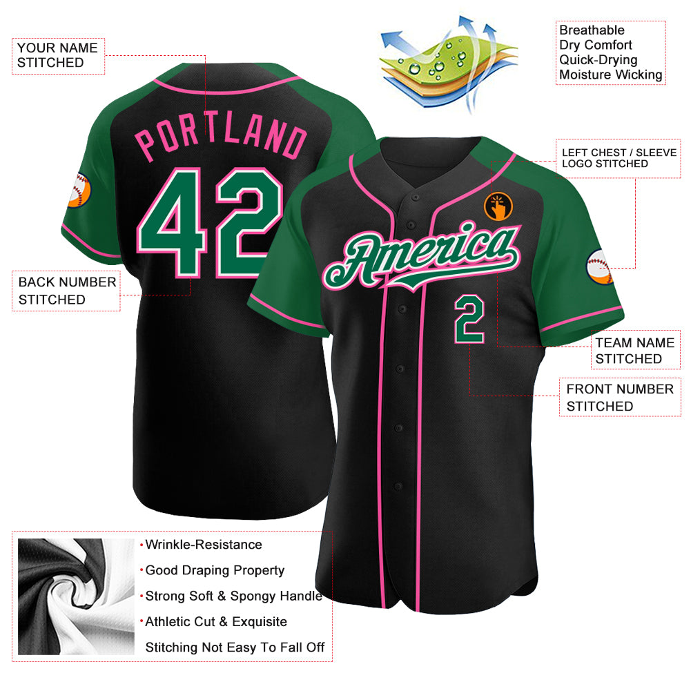 Custom Black Kelly Green-Pink Authentic Raglan Sleeves Baseball Jersey