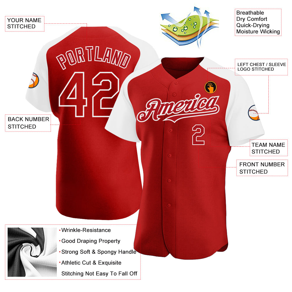 Custom Red White Authentic Raglan Sleeves Baseball Jersey