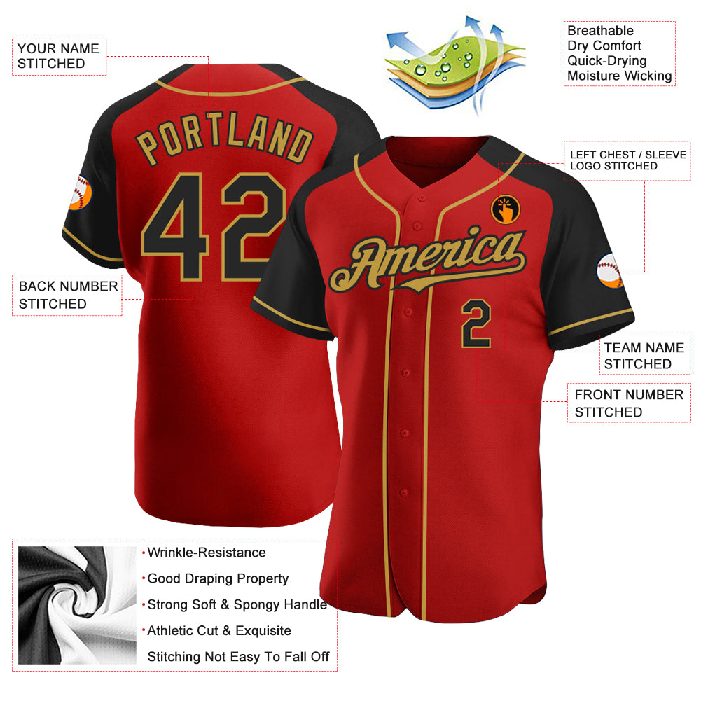 Custom Red Black-Old Gold Authentic Raglan Sleeves Baseball Jersey