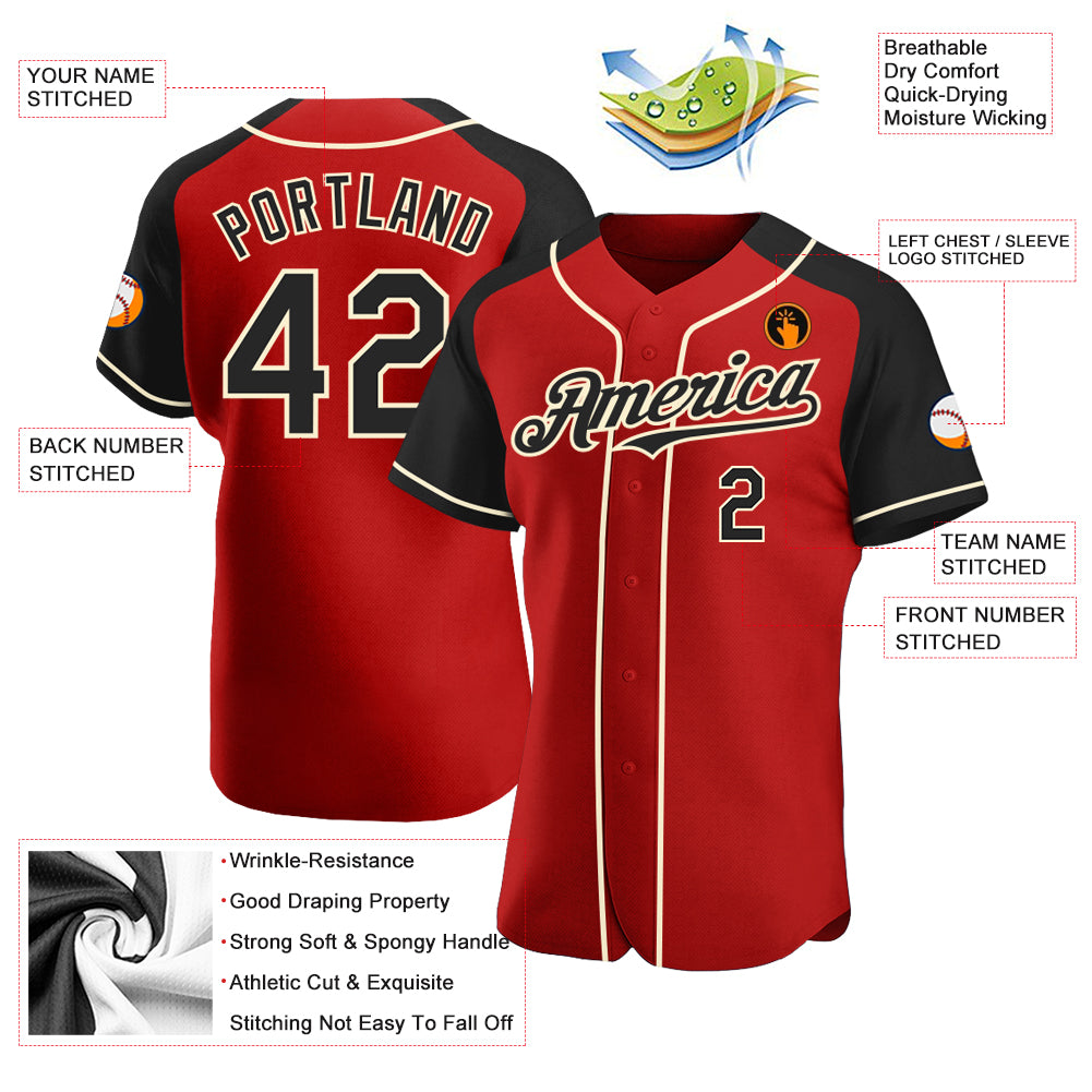 Custom Red Black-Cream Authentic Raglan Sleeves Baseball Jersey