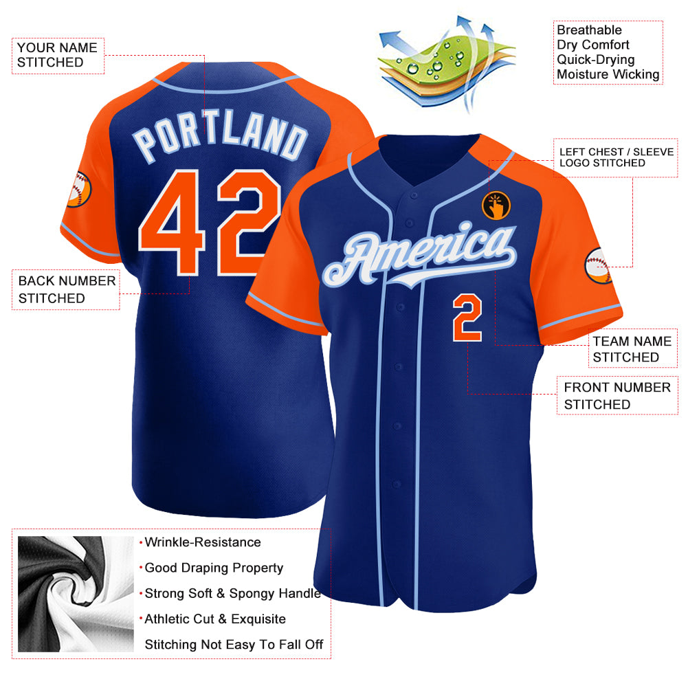 Custom Royal Orange-Light Blue Authentic Raglan Sleeves Baseball Jersey