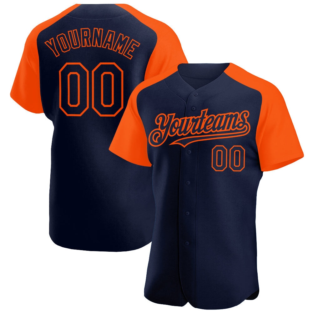 Custom Navy Orange Authentic Raglan Sleeves Baseball Jersey