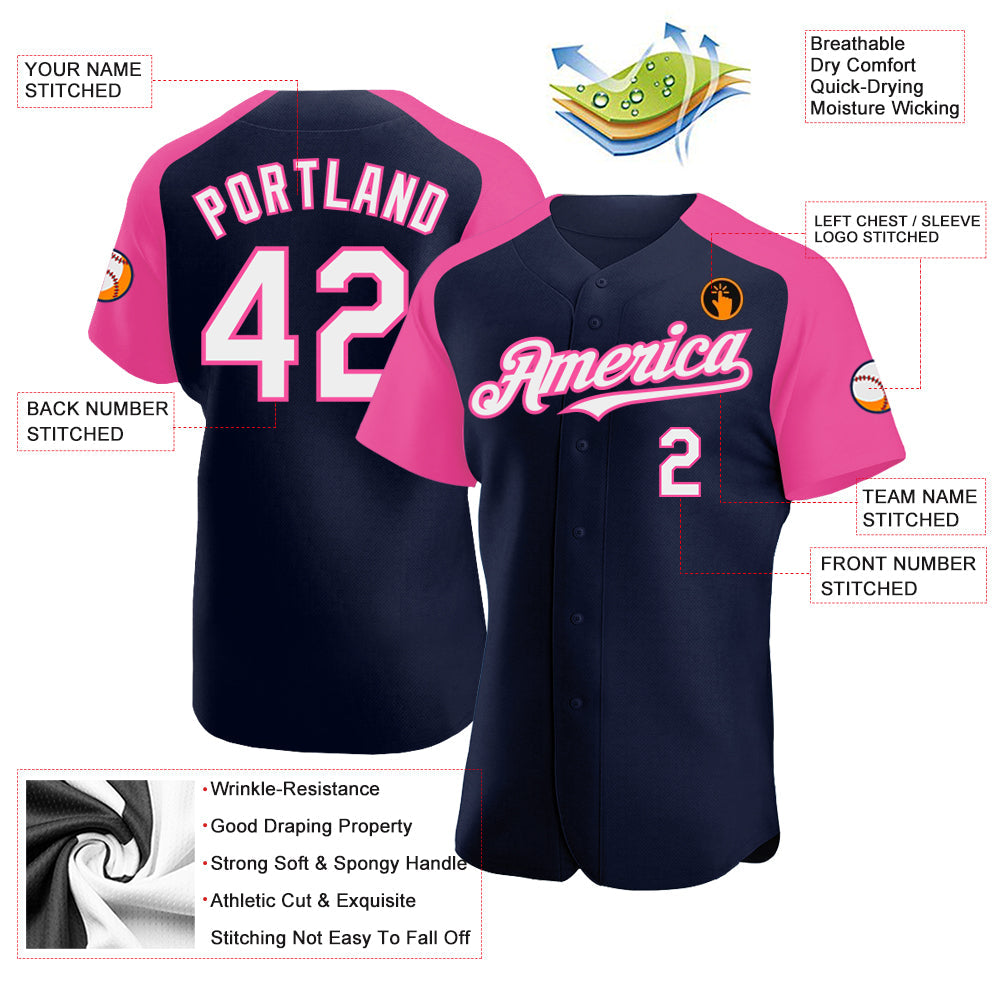 Custom Navy White-Pink Authentic Raglan Sleeves Baseball Jersey