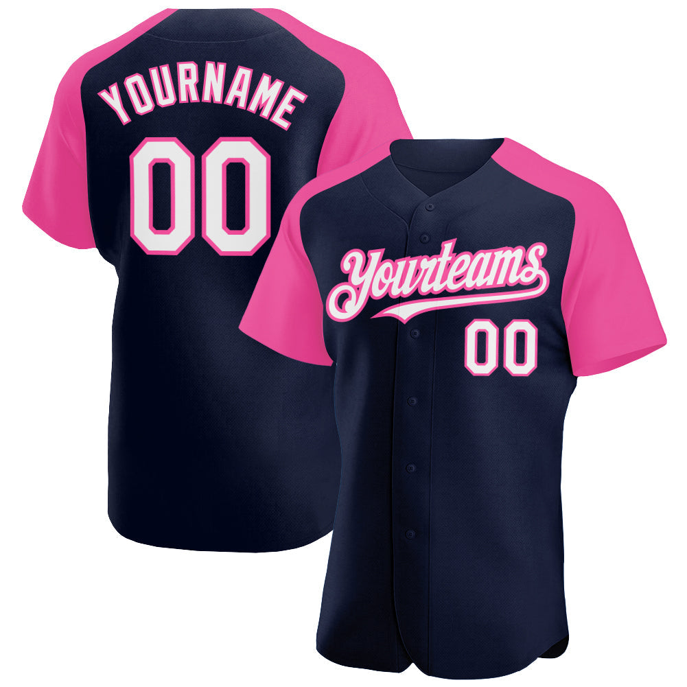 Custom Navy White-Pink Authentic Raglan Sleeves Baseball Jersey