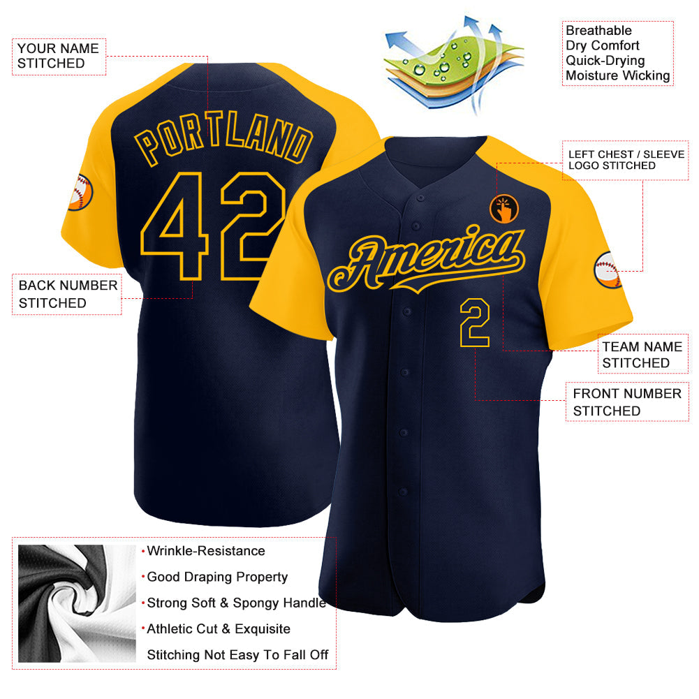 Custom Navy Gold Authentic Raglan Sleeves Baseball Jersey