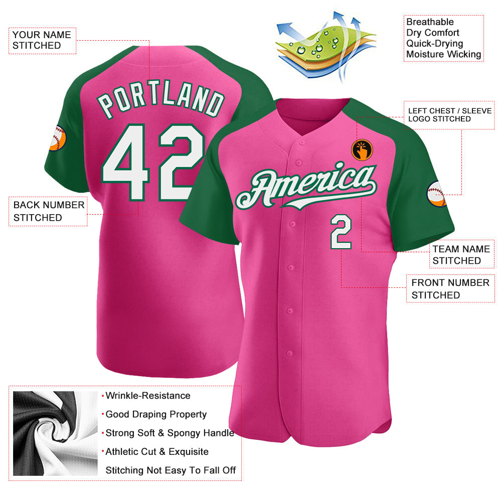 Custom Pink White-Kelly Green Authentic Raglan Sleeves Baseball Jersey