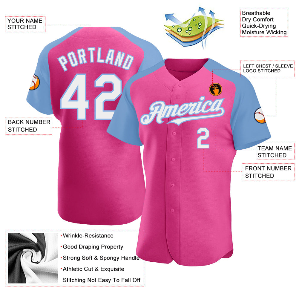 Custom Pink White-Light Blue Authentic Raglan Sleeves Baseball Jersey